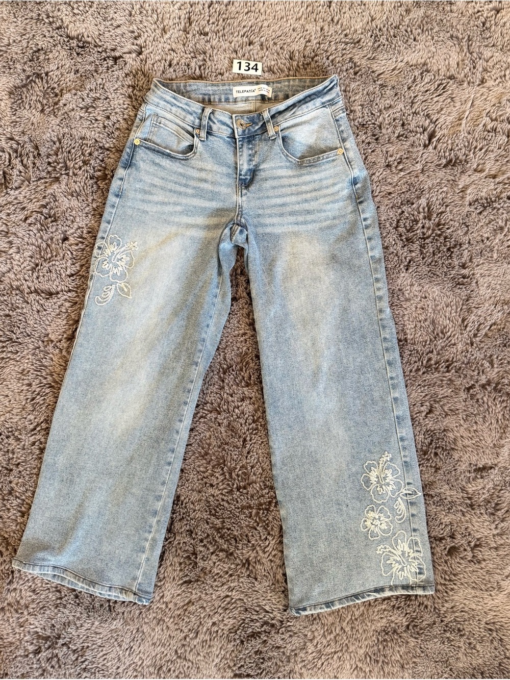Ellesse Light Blue Floral Embroidered Wide-Leg Jeans